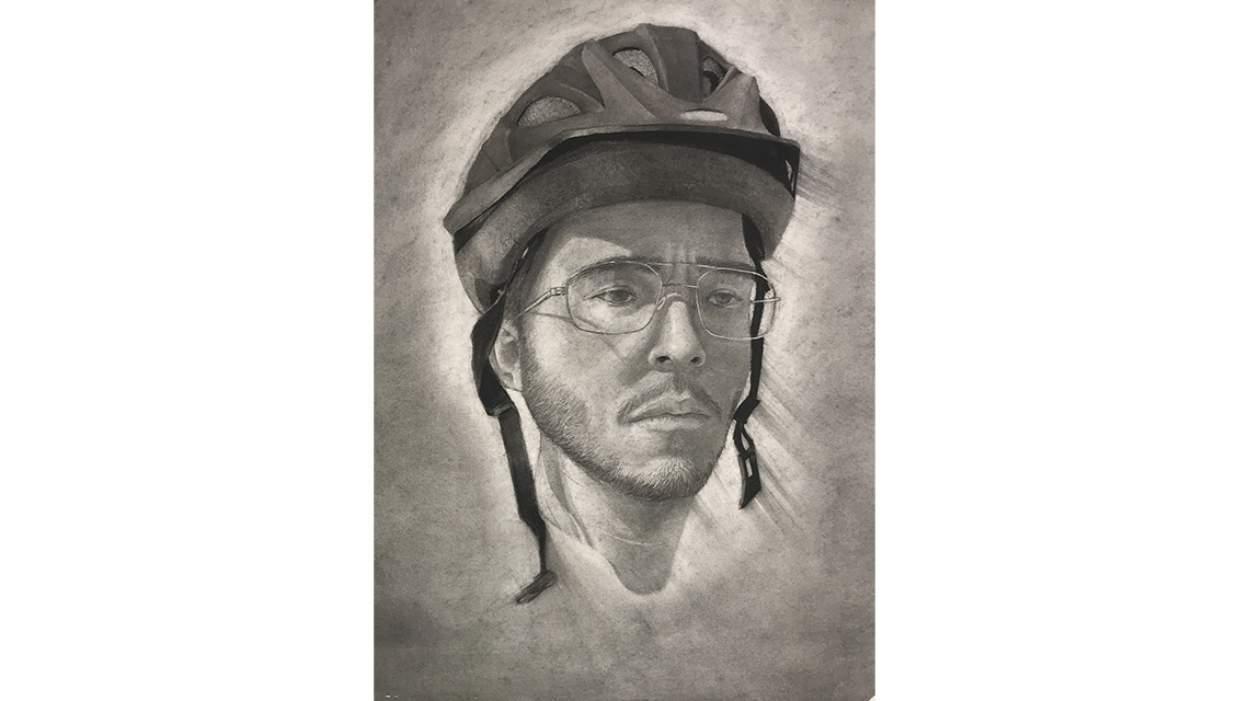 Portrait drawing of man in bike helmet